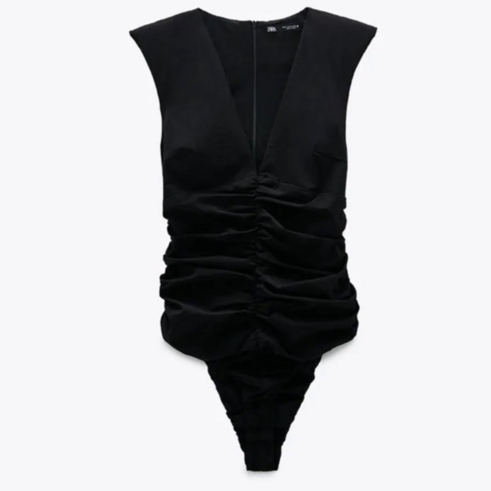 Zara Draped Bodysuit with Shoulder Pads in Black L
